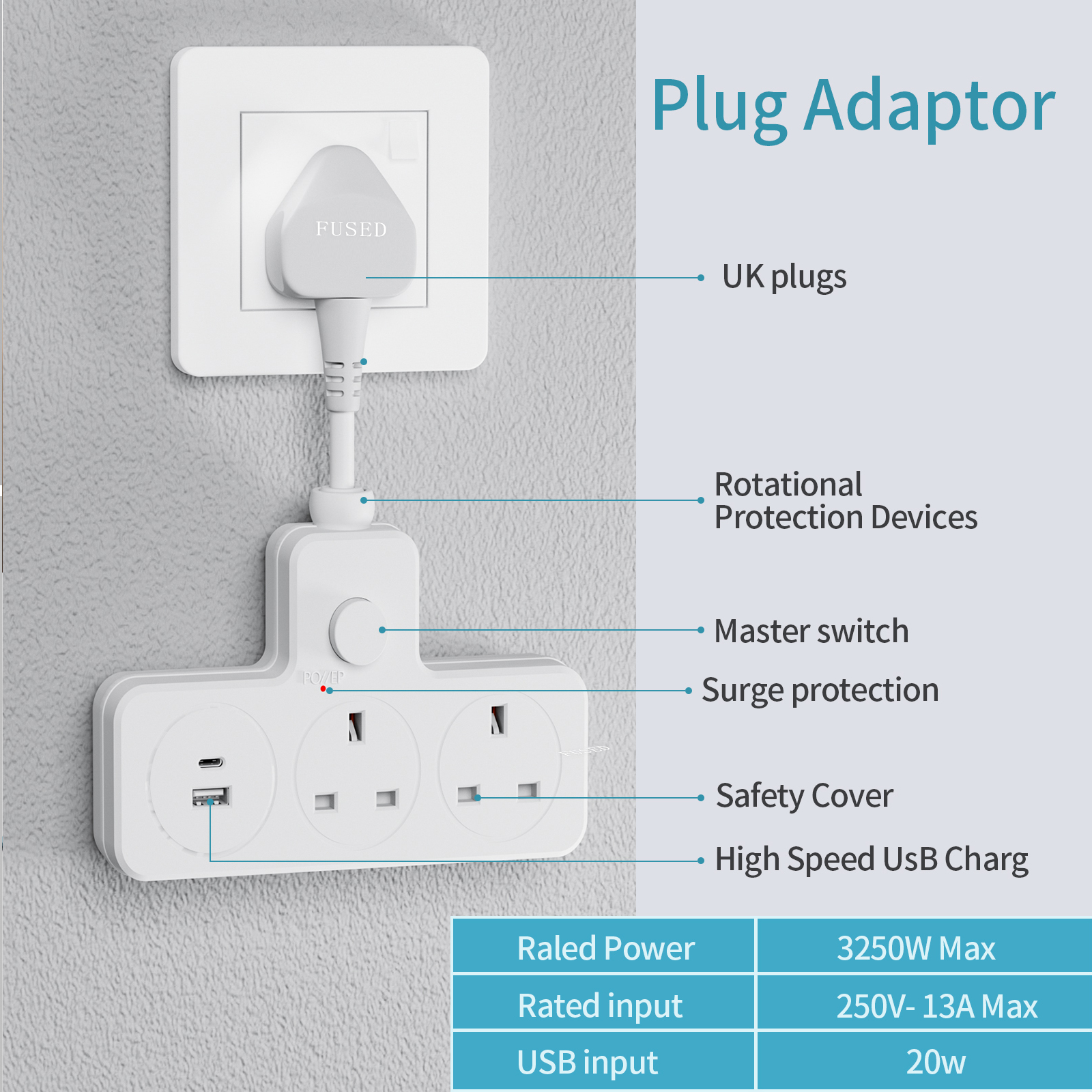 Power Strip Flat - UK Power Plug Wall Outlet 13A