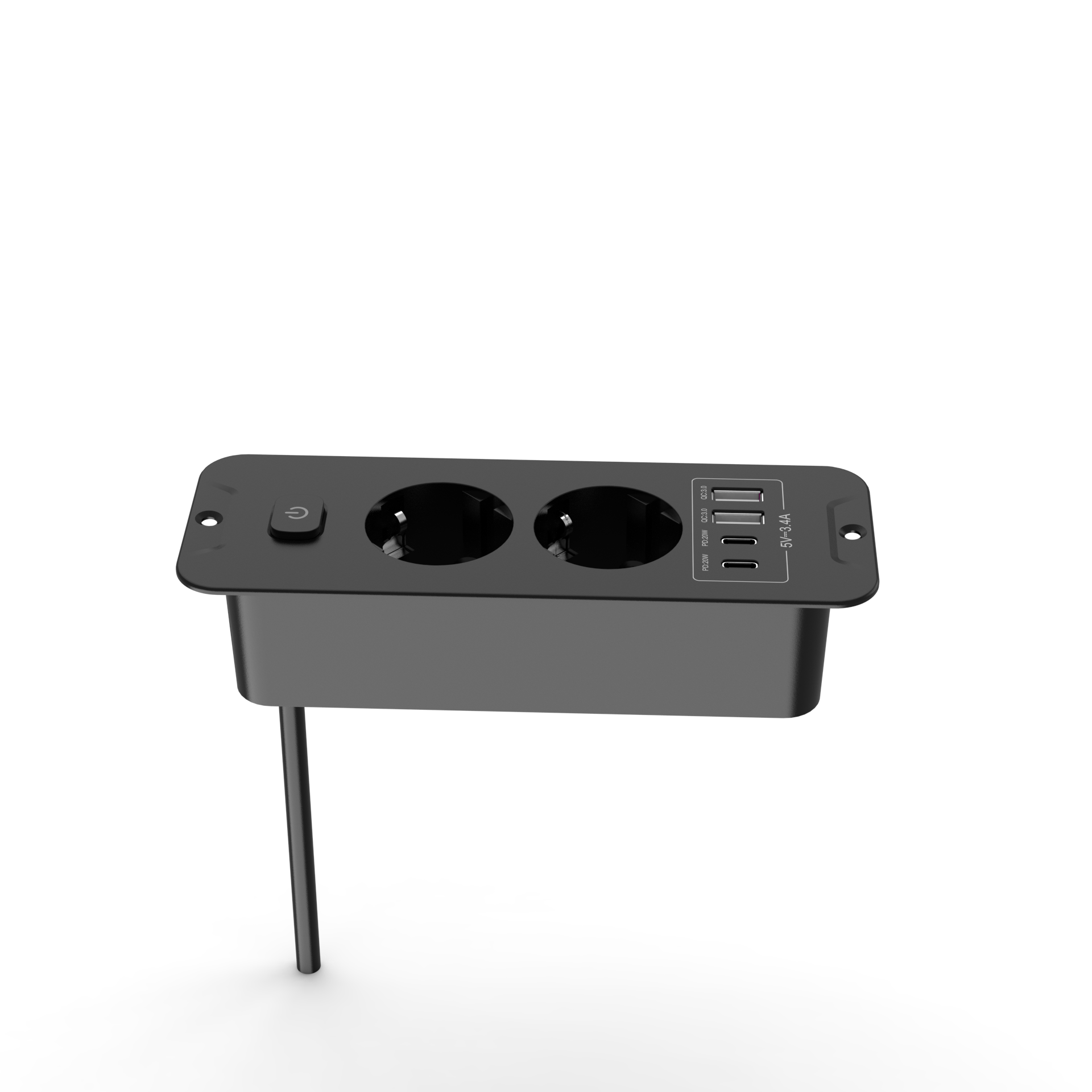 Power Strip Flat - Desktop Built-in Socket with 2 USB